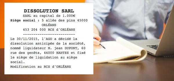 annonce légale dissolution SARL